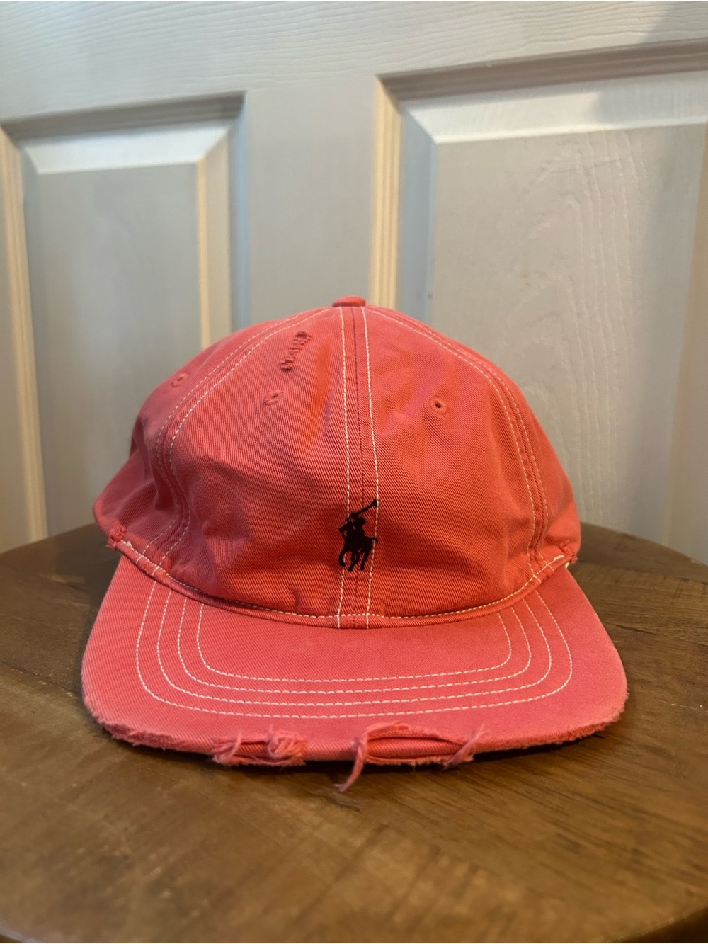 VTG Polo Ralph Lauren Hat Cap Leather Strap Back Salmon Pink Distressed Patina